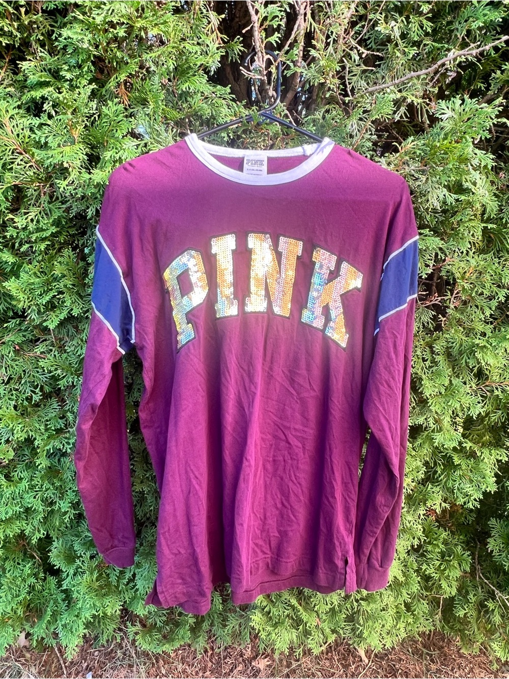PINK Victoria's Secret Maroon Long-Sleeve Sequin Logo Top